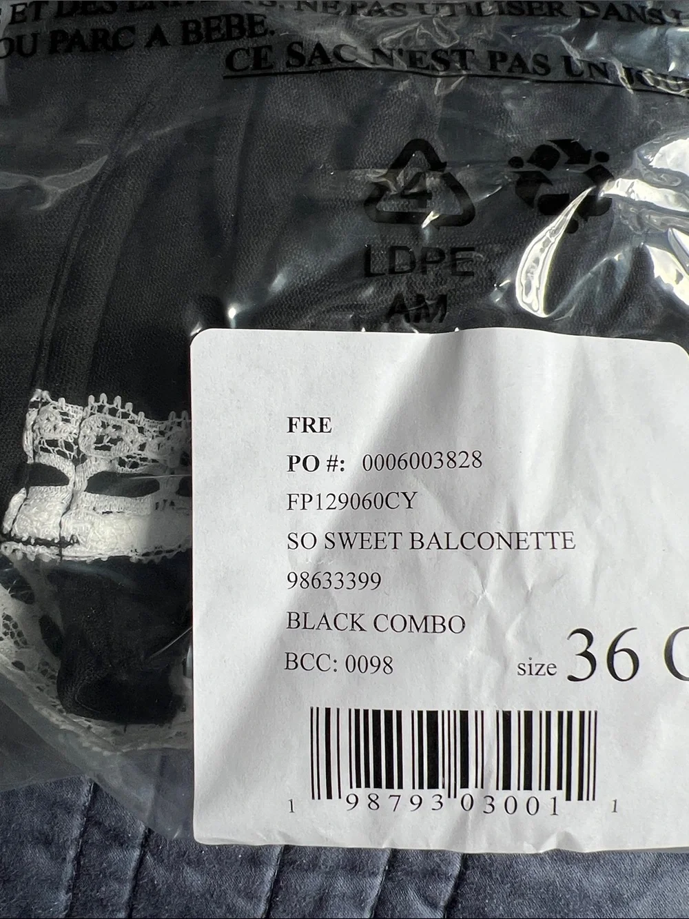 Free People Black White Trim So Sweet Balconette Bra 36C New With Tags NWT